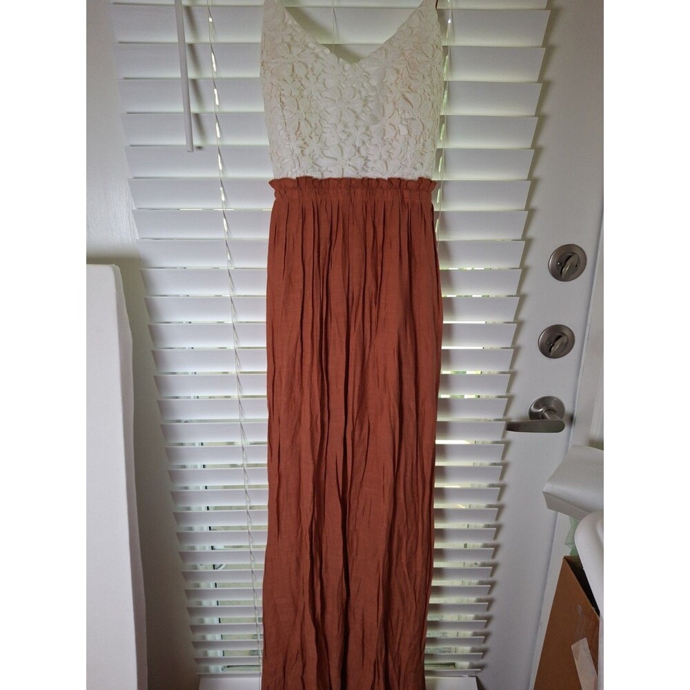 MIND CODE White Floral Lace Top Rust Orange Maxi Dress Spaghetti Strap Size S